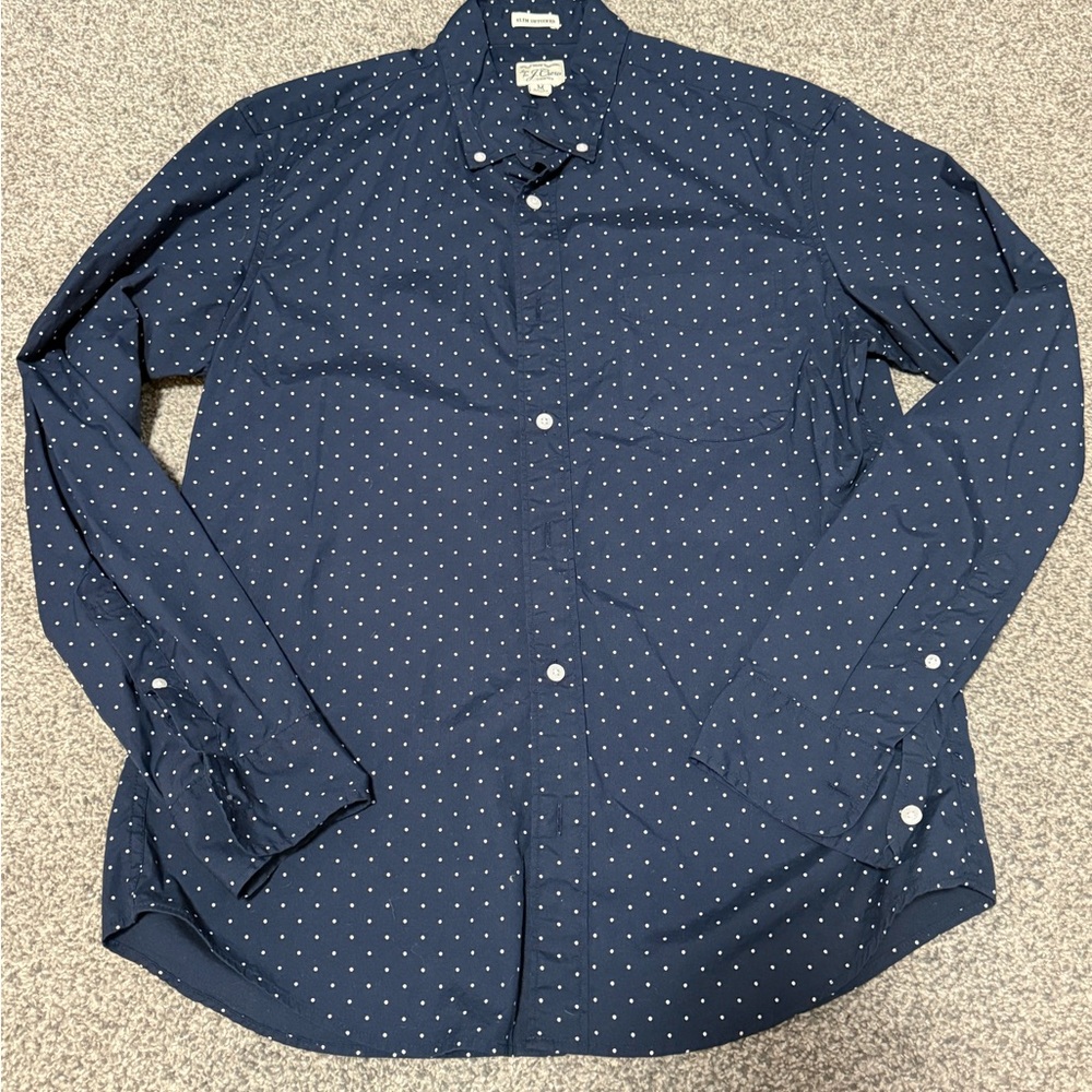 J. Crew Navy & White Polka Dot Long Sleeve Collared Shirt